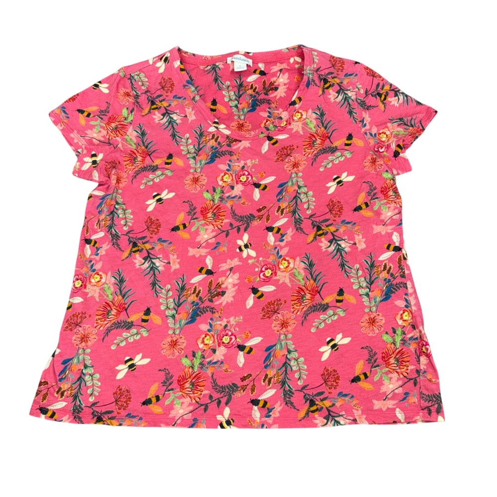 Sundance Floral Bee Print Tee Women Small Pink Good V-Neck Cotton Slub